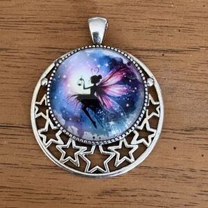 Fairy Moon Round Glass Art Pendant With Stars Celestial Pink Charm (No Chain)